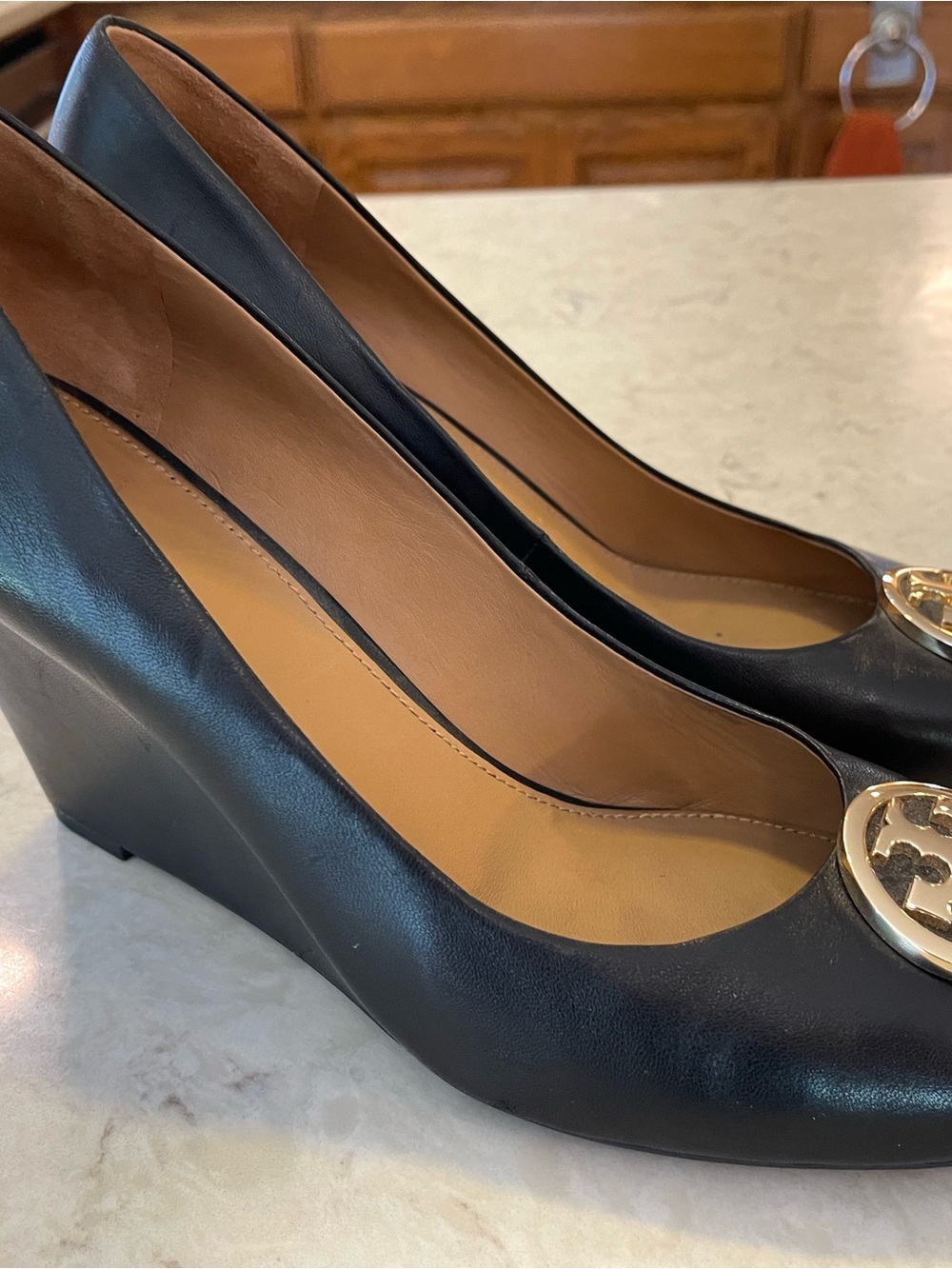 Tory Burch Black Leather wedge pumps with Gold Logo Medallions, 4” heel. - Picture 3 of 10